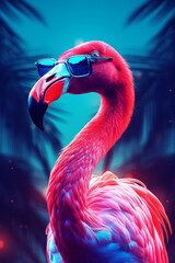 pink flamingo with sunglasses standing, neon retro style, light crimson and dark azure, close-up,  exotic  - obrazy, fototapety, plakaty
