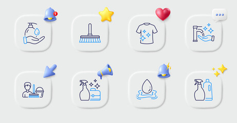 Cleanser spray, Wash hands and Cleaning mop line icons. Buttons with 3d bell, chat speech, cursor. Pack of Clean t-shirt, Shampoo and spray, Cleaning service icon. Vector