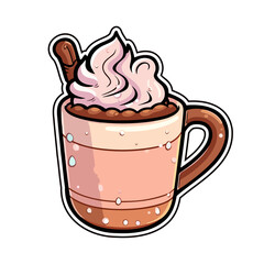 033. hot chocolate  sticker cool colors kawaii clip art illustration. Transparent background. Generative Ai