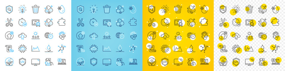 Vector icons set of Cloud upload, Chemical formula and Coronavirus pills line icons pack for web with Time management, Quarantine, Computer outline icon. Cloud network, Puzzle. Vector