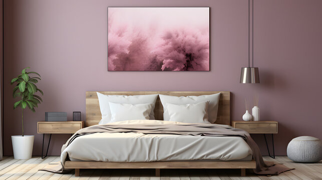 horizontal decorative art  frame mock-up. Bedroom pink wall