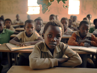 Students in a school in africa take the lesson and write notes on a blackboard . Children at school...