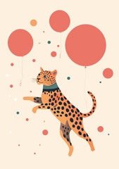 Stylish vector illustration with cute  jumping wild leopard and balloon card. Happy Birthday party, greeting card. For poster, card, banner, logo, typography.