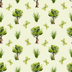 Watercolor seamless pattern with trees and butterfly. Natural forest pattern with mushrooms and butterfly.