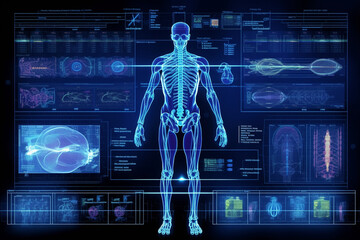 Modern medical examination in HUD style.Scan of the heart and its indicators in HUD style. Ultrasound and cardiogram. Innovation medical interface with illustration of Heart Scan and Generative AI