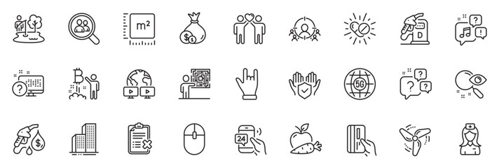 Icons pack as 5g internet, 24h service and Computer mouse line icons for app include Square meter, Apple carrot, Question bubbles outline thin icon web set. Petrol station. Vector