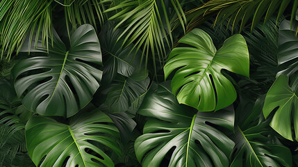 Fototapeta na wymiar Green leaves background. Green tropical monstera leaves, palm leaves, coconut leaf, fern, palm leaf, banana leaf. Panoramic background. nature concept.