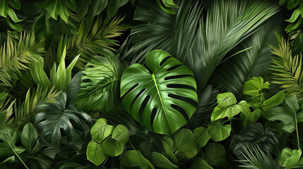 Green leaves background. Green tropical monstera leaves, palm leaves, coconut leaf, fern, palm leaf, banana leaf. Panoramic background. nature concept.