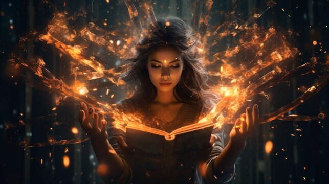  Illustration of a woman holding a magic book with fire and sparks