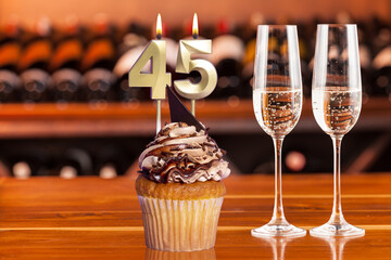 Cupcake With Numbers And Glasses With Wine For Birthday Or Anniversary