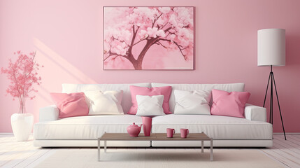 Beautiful cozy bright modern living room with white sofa and pink décor. Generative Ai