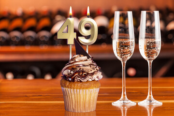 Cupcake With Numbers And Glasses With Wine For Birthday Or Anniversary