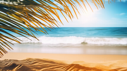 Fototapeta na wymiar Beautiful background for summer vacation and travel. Golden sand of tropical beach, blurry palm leaves and sea on sunny day. Generative Ai