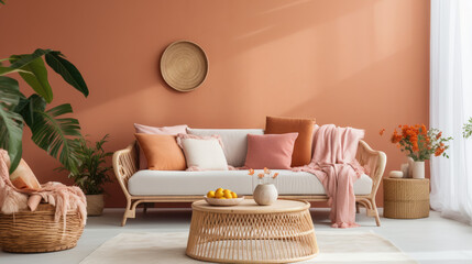 Fototapeta na wymiar Beautiful cozy interior design of bright living room in boho style with sofa and rattan armchair. Generative Ai