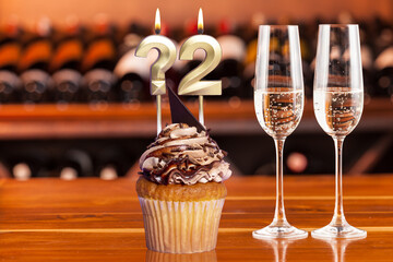 Cupcake With Numbers And Glasses With Wine For Birthday Or Anniversary