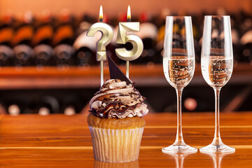 Cupcake With Numbers And Glasses With Wine For Birthday Or Anniversary