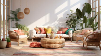 Beautiful cozy interior design of bright living room in boho style with sofa and rattan armchair....