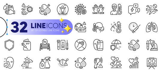 Outline set of Shield, Coronavirus and Medical mask line icons for web with Covid test, Thermometer, Difficult stress thin icon. Hand sanitizer, Vaccination passport. Vector