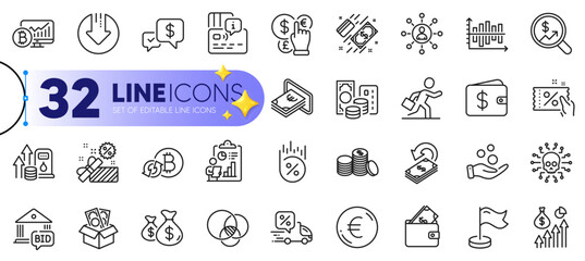 Outline set of Refresh bitcoin, Currency audit and Wallet line icons for web with Report, Discount coupon, Cashback thin icon. Businessman run, Download arrow, Payment received pictogram icon. Vector