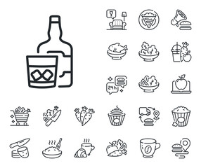 Scotch alcohol sign. Crepe, sweet popcorn and salad outline icons. Whiskey glass with ice cubes line icon. Whiskey glass line sign. Pasta spaghetti, fresh juice icon. Supply chain. Vector