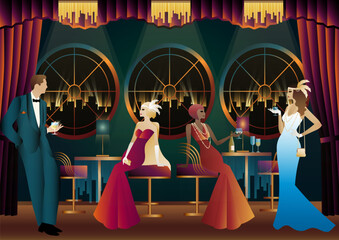 Men and women in a restaurant drinking cocktails. art deco party