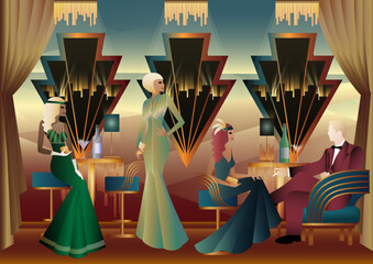 Men and women in a restaurant drinking cocktails. art deco party