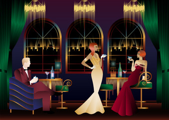 Men and women in a restaurant drinking cocktails. art deco party