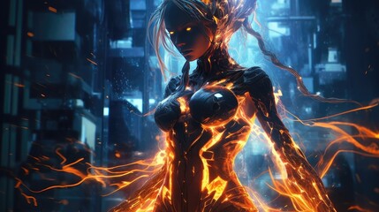 Fototapeta premium Cyborg Unleashing Fire. A Mesmerizing Image of Technological Marvel and Elemental Power in Ultra High Quality