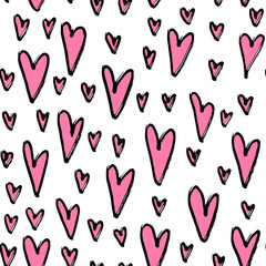 Seamless pattern with abstract pink hearts. Hand drawn ink print for fabric, textiles, wrapping paper. Vector illustration