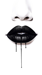 Girls lips painted with black lipstick on a white background .Vertical photo.Generative AI	