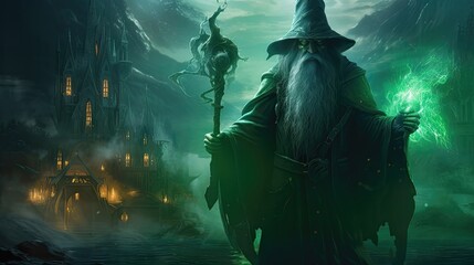 Mystical Wizardry A Captivating Image of a Dark Fantasy Wizard in Proximity to an Enigmatic Castle in Ultra High Quality - obrazy, fototapety, plakaty