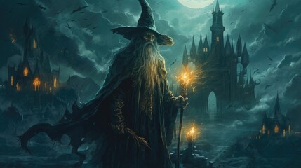Mystical Wizardry A Captivating Image of a Dark Fantasy Wizard in Proximity to an Enigmatic Castle in Ultra High Quality - obrazy, fototapety, plakaty