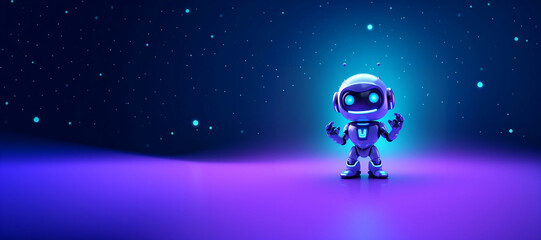 Positive cute smiling 3d robot of purple-black color at a spacefull background.,banner.Generated by AI.	