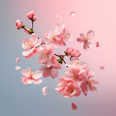 Realistic Fresh quince blossom, beautiful pink flowers falling in the air isolated on coloured background, . Zero gravity or levitation, spring flowers concept