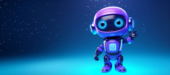 cute smiling robot of purple-black color at a spacefull blue background,banner.Generated by AI.	
