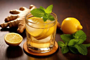 Fototapeta premium lemon and ginger tea with peppermint leaves, Generative AI