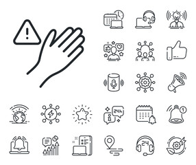 Fototapeta premium Hand warning sign. Place location, technology and smart speaker outline icons. Dont touch line icon. Hygiene notification symbol. Dont touch line sign. Influencer, brand ambassador icon. Vector
