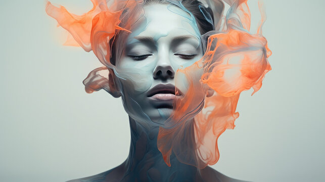Black and white image of a women posing with colored light, in the style of shwedoff, orange and cyan, mesmerizing optical illusions, distinctive noses, relatable personality, AI Generative