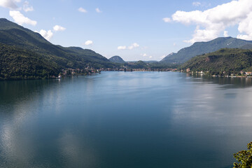 Fototapeta na wymiar Lake Lugano from most beautiful city in the Swiss canton of Ticino -Morcote. Switzerland.