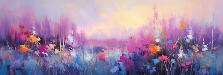 Abstract oil painting of  wild flower field with beautiful sky. Generative AI.