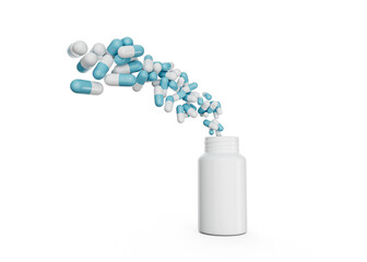 3d Empty White Pill Bottle With Pharmaceutical Antibiotic capsules Flying In The Air 3d Illustration