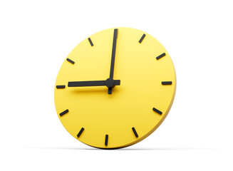 3d Simple Yellow Round Wall Clock 9 O'Clock Nine O'clock On White Background 3d illustration