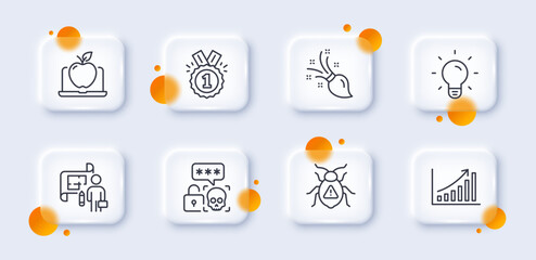 Plan, Cyber attack and Approved line icons pack. 3d glass buttons with blurred circles. Light bulb, Software bug, Laptop web icon. Graph chart, Brush pictogram. For web app, printing. Vector
