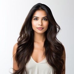 Naklejka premium beautiful young indian woman with beautiful long curly hair isolated background generative ai 