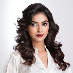 Naklejka premium beautiful young indian woman with beautiful long curly hair isolated background generative ai 