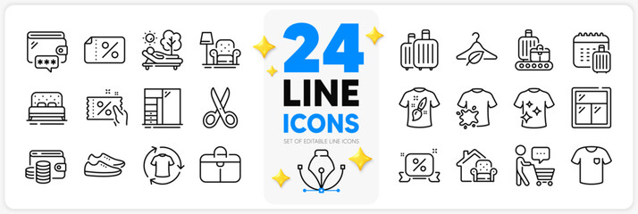 Icons set of Buyer think, Baggage calendar and Armchair line icons pack for app with Cupboard, Discount coupon, Wallet money thin outline icon. Wallet, Lounger, Window pictogram. Baggage. Vector