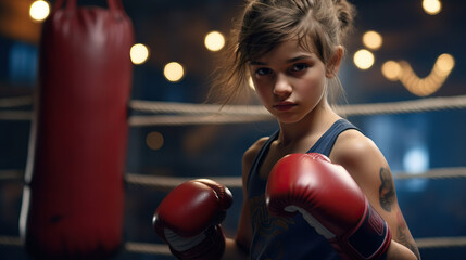 Young Girl With Boxing Gloves in Indoor Gym. Sweaty Practicing and Training for a Fight. Punching Bag. Concept of Determination, Fighter, Boxer, Workout, and Train.