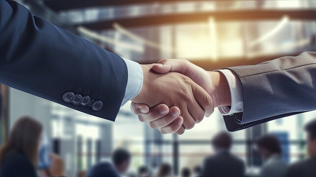 Business partnership meeting. Picture businessmen handshake. Successful businessmen handshaking after making a deal. Horizontal, blurred background. Generative