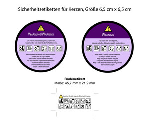 Sicherheitsetiketten in lila und Bodenetikett mit Icons f&uuml;r Kerzen. Vektor