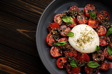 Burrata with baked cherry tomatoes and spices, on a plate, on a dark wooden background